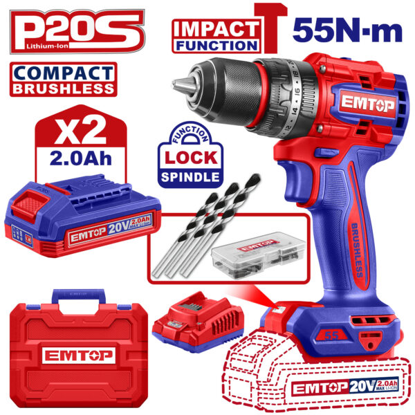 Emtop Compact Brushless Cordless Impact Drill ECIDL20558